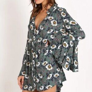 FREE PEOPLE Green Floral Bell Sleeve Magic Mystery Tunic Shirt Dress Size Small